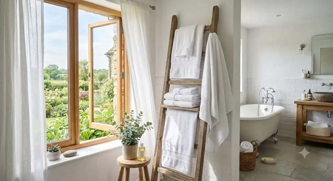 Fresh white cotton towels hanging in a well-ventilated bathroom